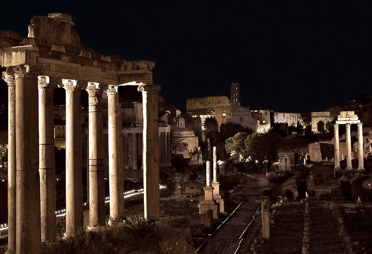 Rome Imperial Forums bird's eye night view Colosseo - museum lighting design