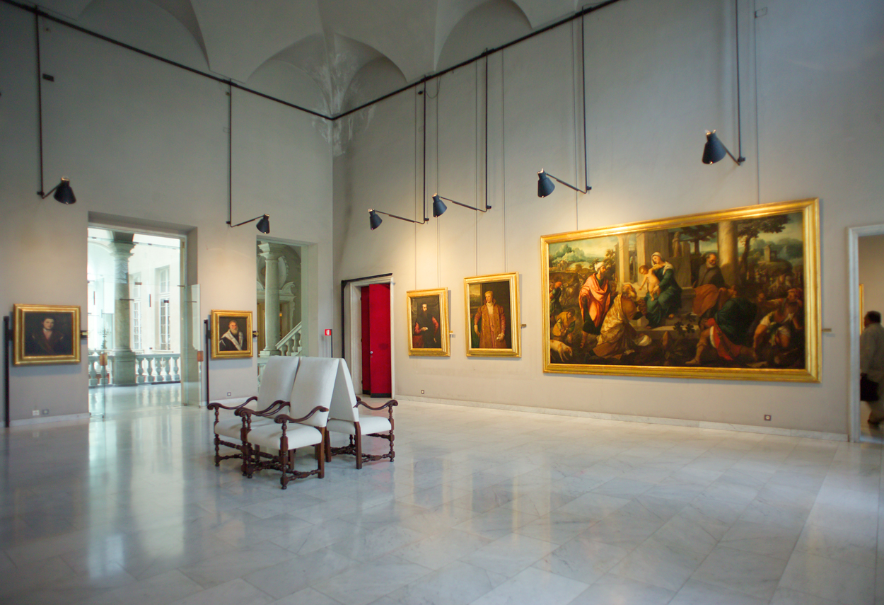 One of the rooms with the works on display and the lighting fixtures
