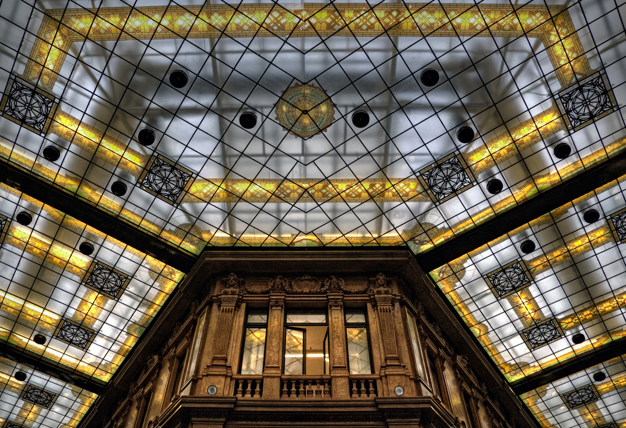 View of the ceiling glass windows with lighting