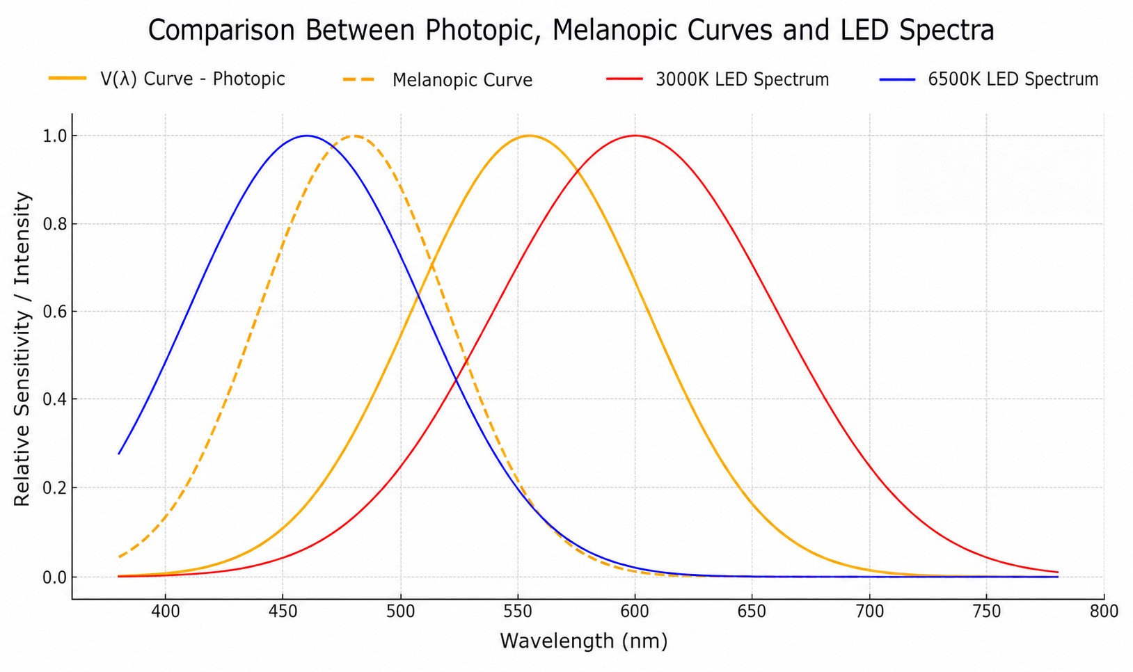 Comparison of Photopic and Melanopic Sensitivity Curves with LED Spectral Power Distributions